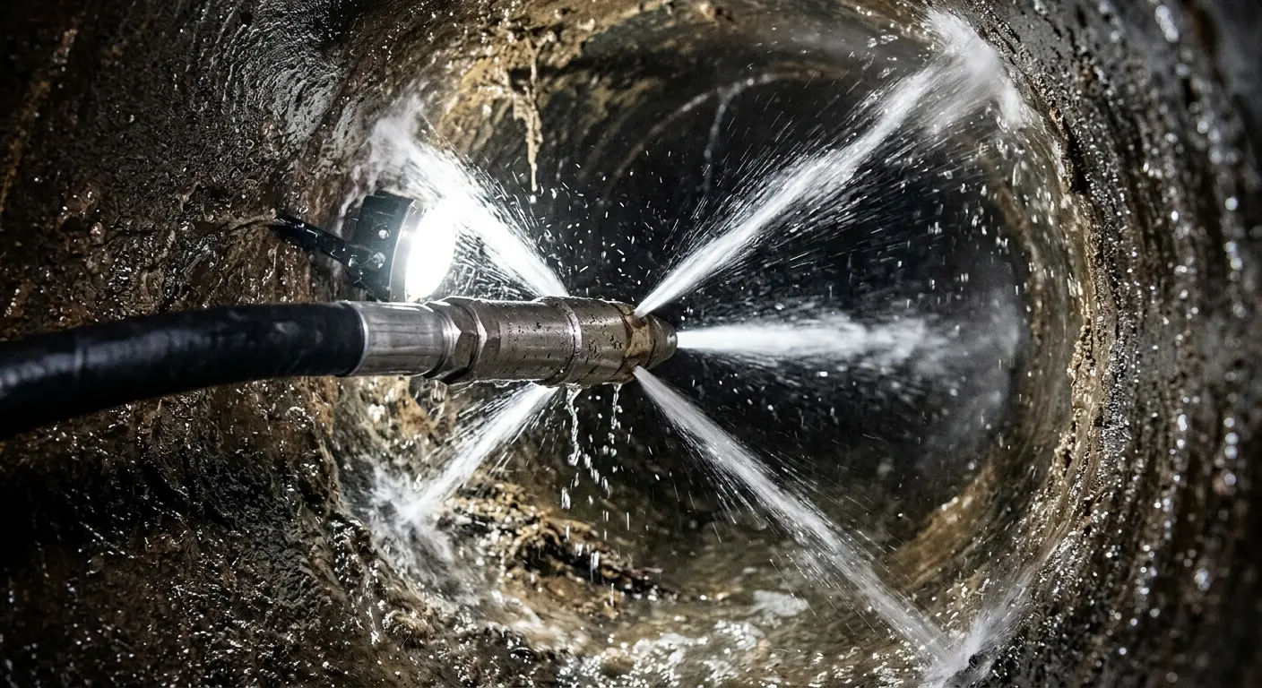 High-pressure hydro jetting nozzle cleaning sewer pipe for Trenchless Sewer Repair in St. Clair Shores