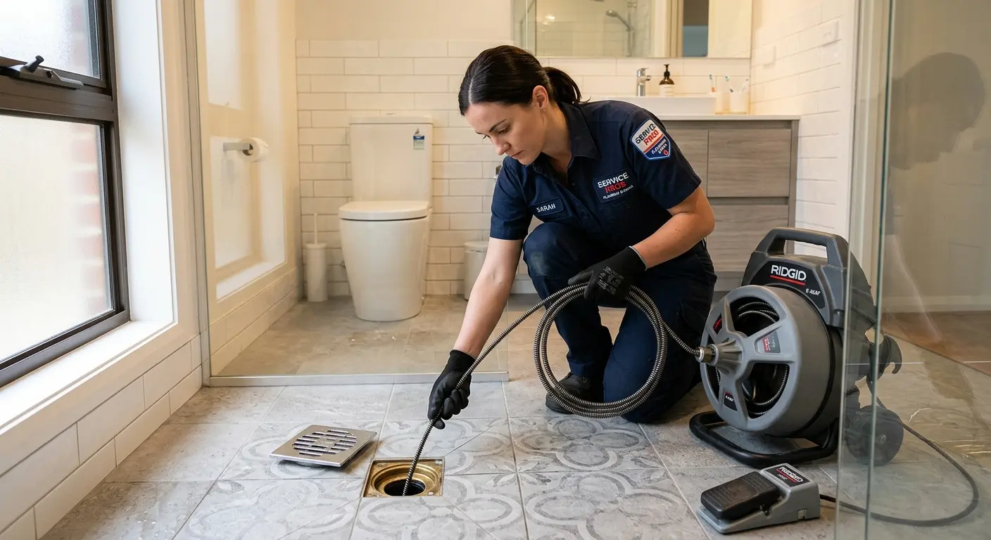 Technician clearing a bathroom floor drain for Sewer Line Replacement in St. Clair Shores